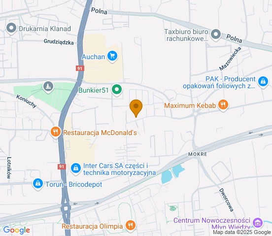 Mapa dojazdu do warsztatu samochodowego w miejscowości Toruń