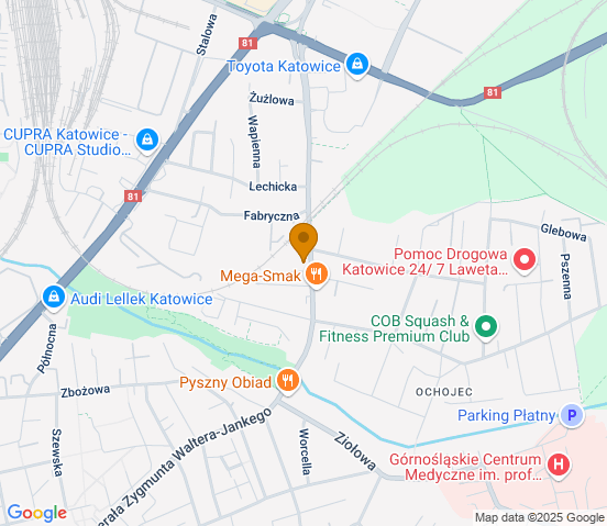 Mapa dojazdu do warsztatu samochodowego w miejscowości Katowice