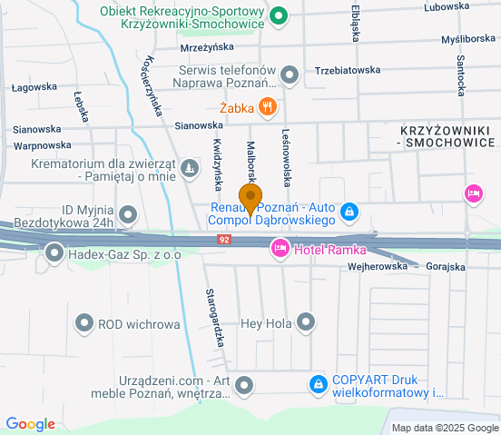 Mapa dojazdu do warsztatu samochodowego w miejscowości Poznań